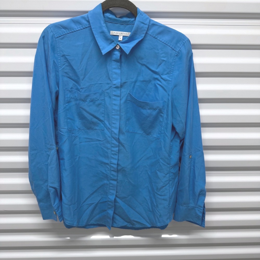 Foxcroft‎ Blue Tencel Lyocell Button Down Shirt Roll Tab Sleeve Size 10